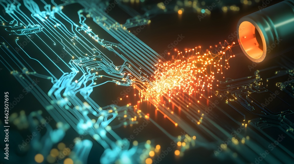 Poster digital circuit board with explosive data transmission.