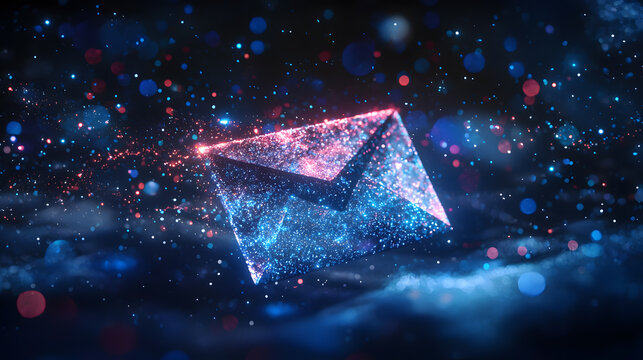 Email Message: An artistic rendering of an illuminated email envelope floating amidst a cosmic background, symbolizing digital communication and connection.