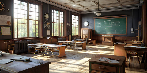 Obraz premium Abandoned Classroom Old School Interior Photo Wallpaper Background