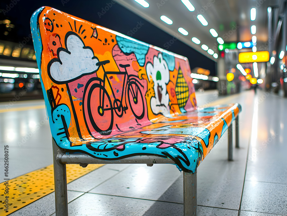 Poster a vibrant bench with colorful graffiti in a subway station. it could be used to brighten up public s