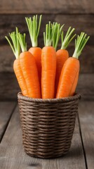 A rustic wicker basket filled with freshly harvested carrots is beautifully showcased outdoors, basking in vibrant natural sunlight