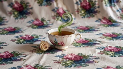 Whimsical Teacup on Floral Fabric with Swirling Steam