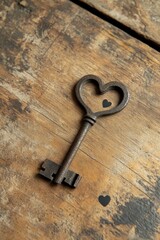 Rustic heart-shaped key rests on aged wooden surface, small hearts scattered nearby