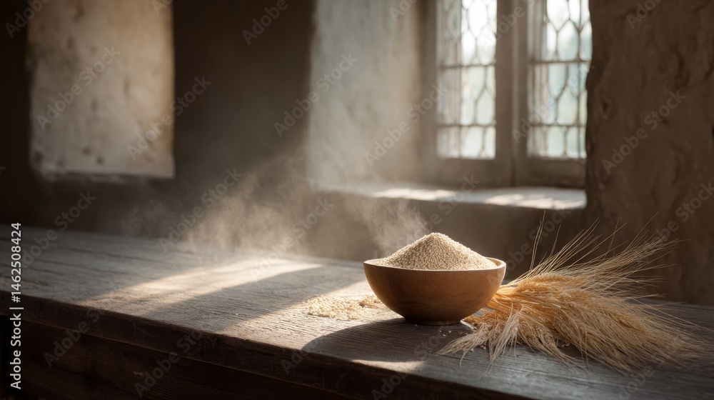 Poster A steaming bowl of grains sits on a rustic wooden table, bathed in warm sunlight filtering through a window, creating a serene atmosphere