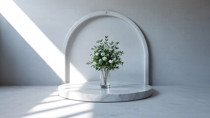 White Roses and Greenery in Glass Vase on Marble Pedestal with A