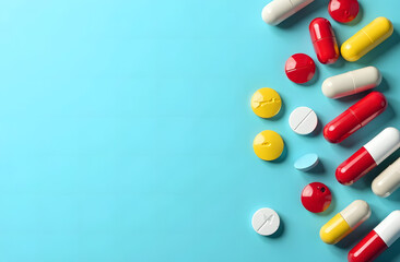 Assorted pills and capsules scattered on a blue background. Concept of medicine, pharmacy, and healthcare