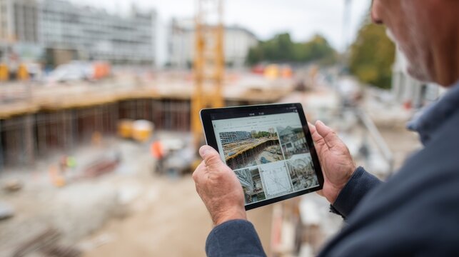 A construction crane is lifting wooden beams as a planner follows blueprints on a tablet at a bustling building site during daylight