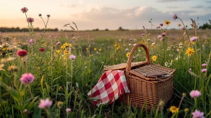 Wicker Picnic Basket in a Wildflower Meadow at Sunset, Peaceful