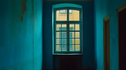 Obraz premium Moody Teal Room with Old Window and Peeling Paint