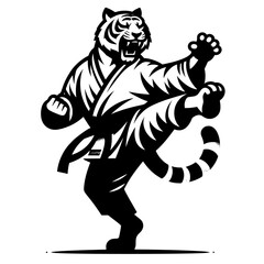 Fototapeta premium Karate tiger in Traditional Gi Performing Martial Arts Pose in Dojo Setting
