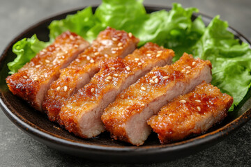 Pork drizzled with sesame sauce, garnished with herbs and served on a white plate.