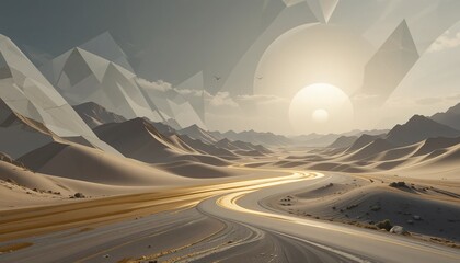 Winding Desert Road with Geometric Mountain Overlay and Distant