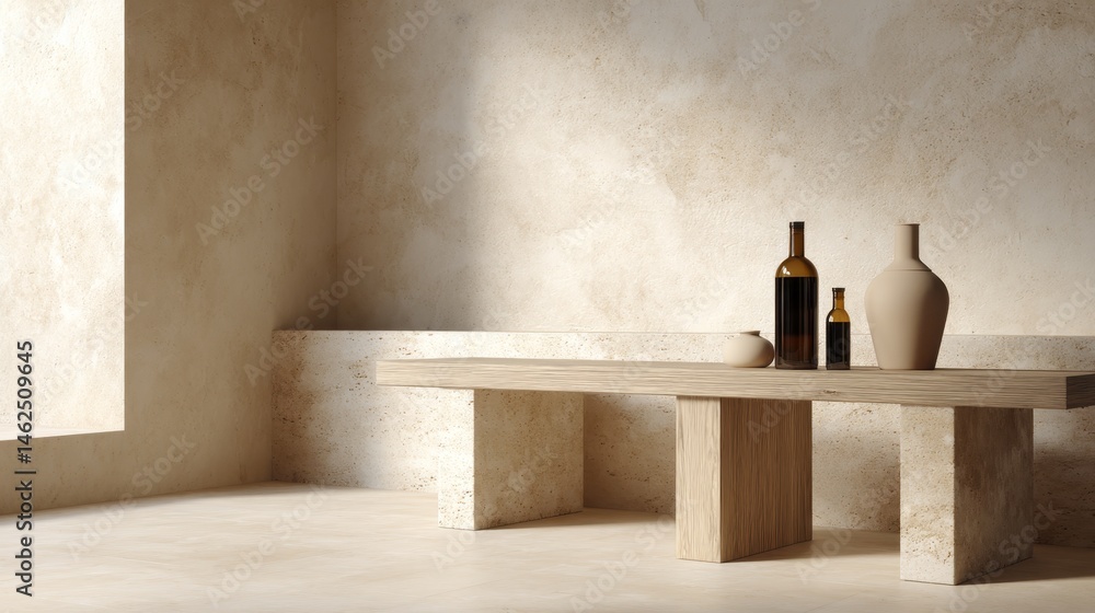 Poster ceramic vases are elegantly arranged on a wooden tabletop in a monochrome beige interior, providing 