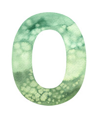 Watercolor illustration green collection number zero 0. Hand painted numbers alphabet watercolour drawing isolated background element. Creative design, sticker invitation, save the date card clipart 