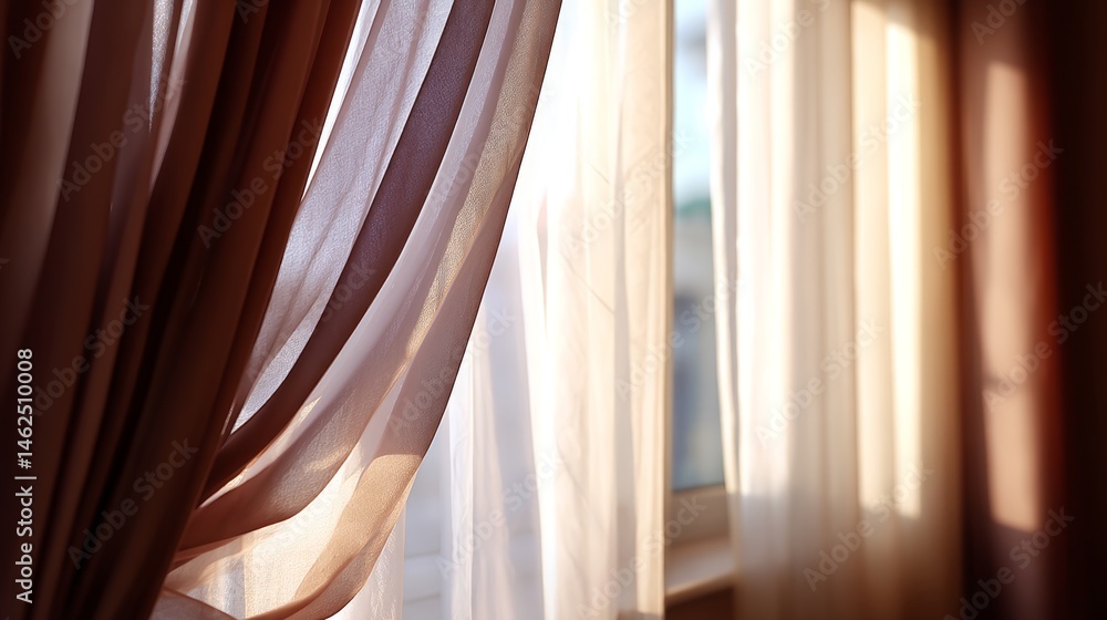 Leinwandbilder Sunlight streams through white curtains fluttering inward by an open window, casting gentle shadows on a warm, inviting room filled with calmness and light