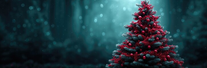 Fototapeta premium Red Christmas Tree Against Teal Bokeh Background Festive Holiday Scene