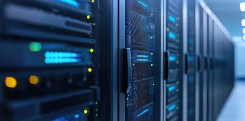 Obraz premium Close-up view of modern data servers with glowing indicator lights in a secure facility, perfect for concepts in cloud computing, cybersecurity, and IT infrastructure