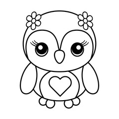 Cute Owl with Flowers and Heart Outline Vector Illustration. Black and white vector features a cute cartoon owl with big sparkling eyes, floral head decorations and a heart on its belly.