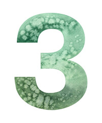 Watercolor illustration green collection number three 3. Isolated background element Hand painted numbers alphabet watercolour drawing. Creative design, sticker invitation, save the date card clipart 
