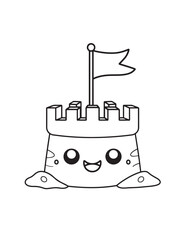 Smiling Sandcastle Kawaii Summer Line Art Coloring Page
