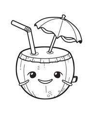 Coconut Drink with Umbrella Kawaii Line Art
