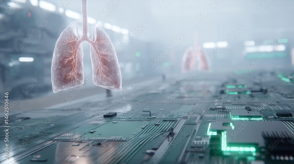 Poster glowing holographic lungs hover in mid-air above a digital motherboard, illuminating complex circuit