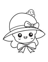 Cute Girl in Summer Hat Line Art Coloring Page