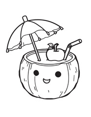 Coconut Drink with Umbrella Kawaii Line Art
