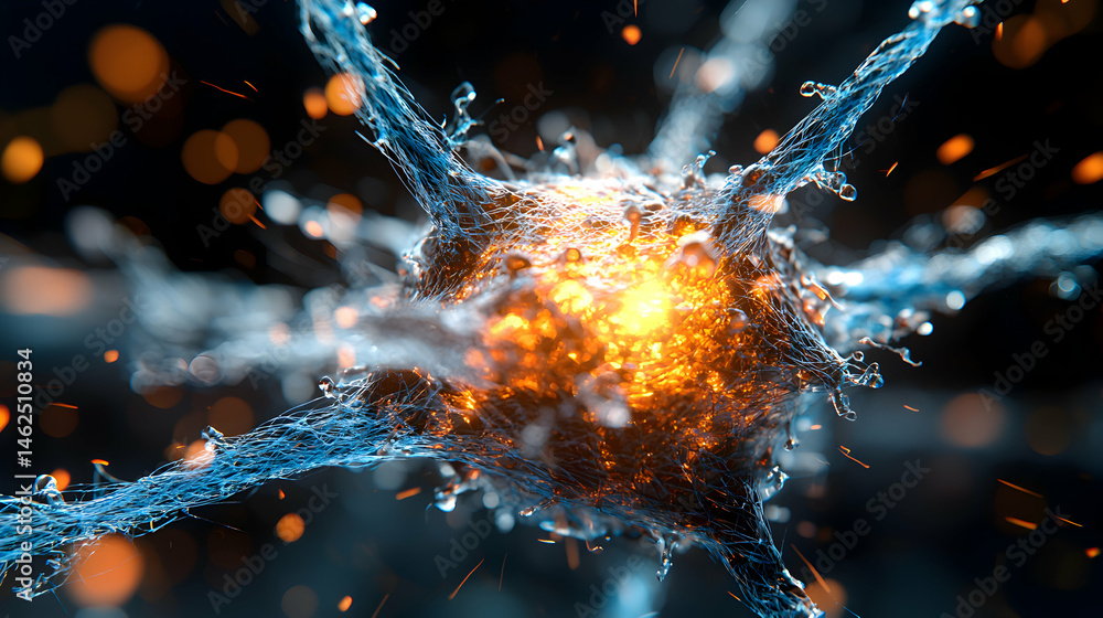 Poster a glowing neural network structure featuring intricate filaments and vibrant light effects. it is su