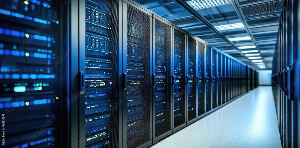 Poster high tech server room corridor with illuminated server racks, glowing blue indicator lights, and a m