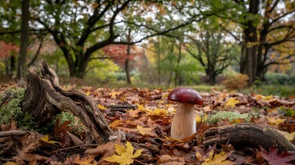 Wooden Mushroom in Autumn Forest Surrounded by Fallen Leaves and