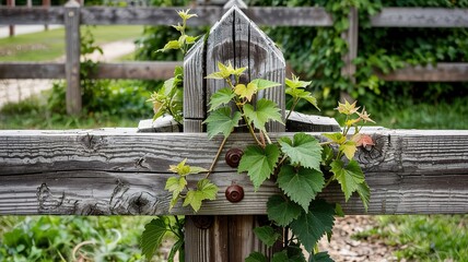 Wooden Fence Post with Grapevines, Rustic Charm and Natural Beau