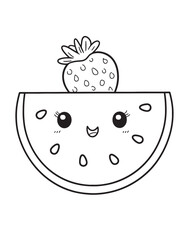 Cute Watermelon Slice with Strawberry Line Art Coloring Page
