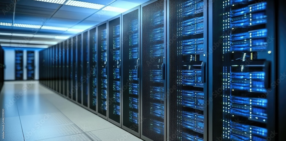Poster Modern data center aisle with rows of server racks illuminated by cool blue lighting, ideal for technology, cloud computing, or cybersecurity content