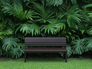 Dark bench in lush tropical garden