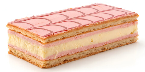 Traditional Dutch Tompouce pastry with pink icing and custard filling, isolated close-up on white background for bakery visuals.