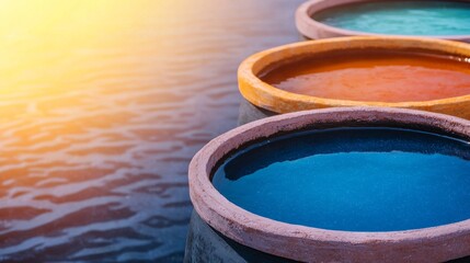 Fototapeta premium Rows of Large Fermentation Pots with Vibrant Liquid Colors Under Warm Sunlight