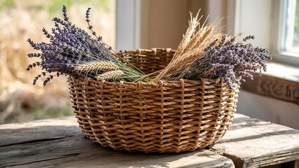 Woven Basket of Lavender and Wheat on Rustic Wooden Table