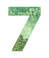 Watercolor illustration green collection number seven 7. Hand painted numbers alphabet watercolour drawing isolated background element. Creative design, sticker invitation, save the date card clipart 