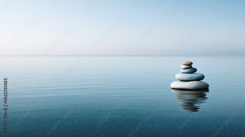 Aufkleber gently stacked smooth pebbles float on tranquil water, creating a serene composition with a soft bac