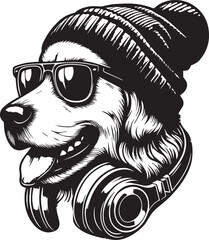 Cool Dog with Headphones, Sunglasses, and Beanie - Black and White Hipster Animal Illustration