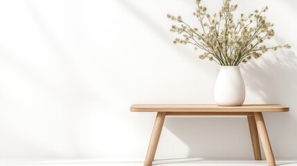 Simple, minimalist home d?cor. A vase with dried flowers sits on a wooden bench against a white wall, bathed in natural light