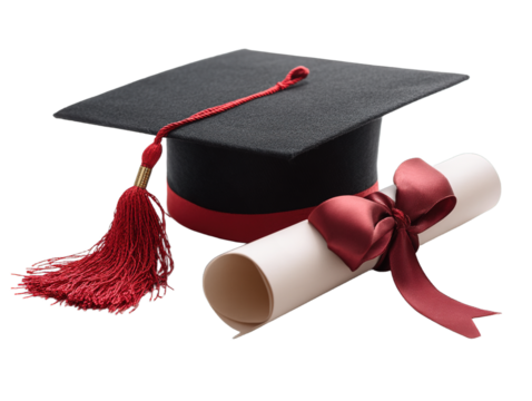 classic graduation cap, bold red tassel beside rolled diploma tied neatly with a deep red ribbon, transparent background