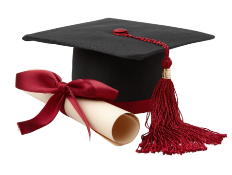 classic graduation cap, bold red tassel beside rolled diploma tied neatly with a deep red ribbon, transparent background