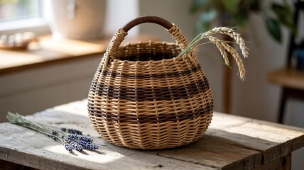 Woven basket with wheat and lavender on rustic wooden table in s
