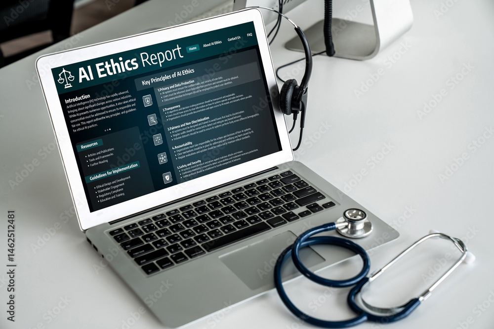 Poster ai ethics responsibility standard law and rules on computer screen provide report of ai ethic transp