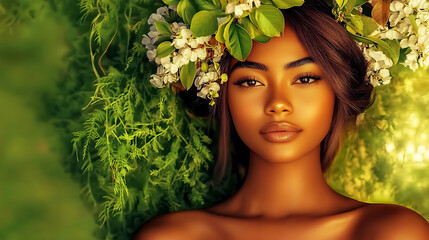 A beautiful woman with a leafy floral crown lies amongst verdant foliage bathed in a soft warm light.