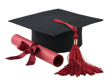 classic graduation cap, bold red tassel beside rolled diploma tied neatly with a deep red ribbon, transparent background
