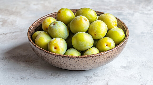 A rustic bowl brimming with ripe green greengage plums on a white surface, evoking a summer harvest