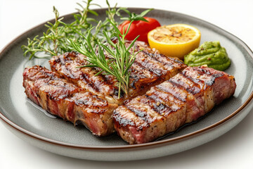 Grilled pork steak with vegetables and herbs on a plate.